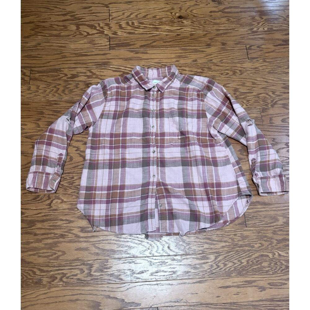 American Eagle Women's Salmon Pink Plaid LS Button Up Distressed Flannel, Sz XL